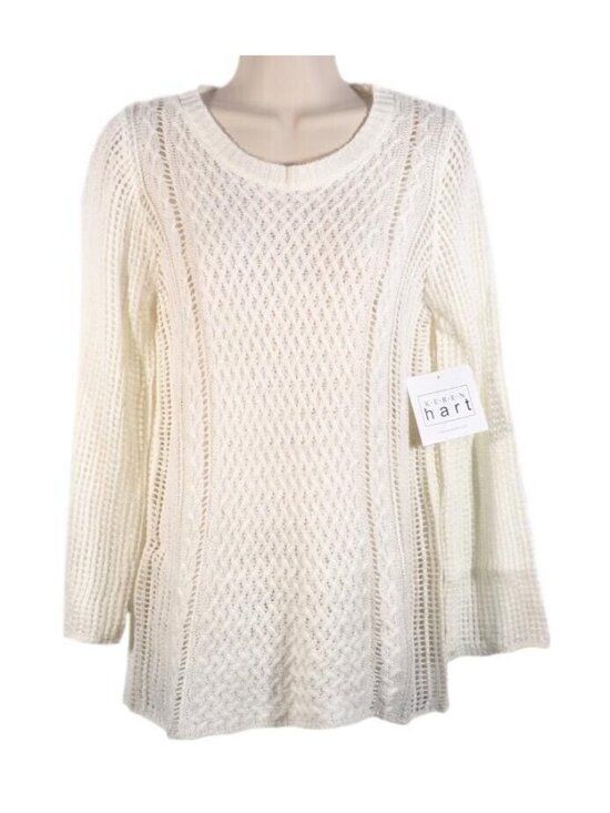 KEREN hart Sweaters - Keren Hart Womens Sweater SIze M Crocheted Ivory Crew Neck Bell Long Sleeve